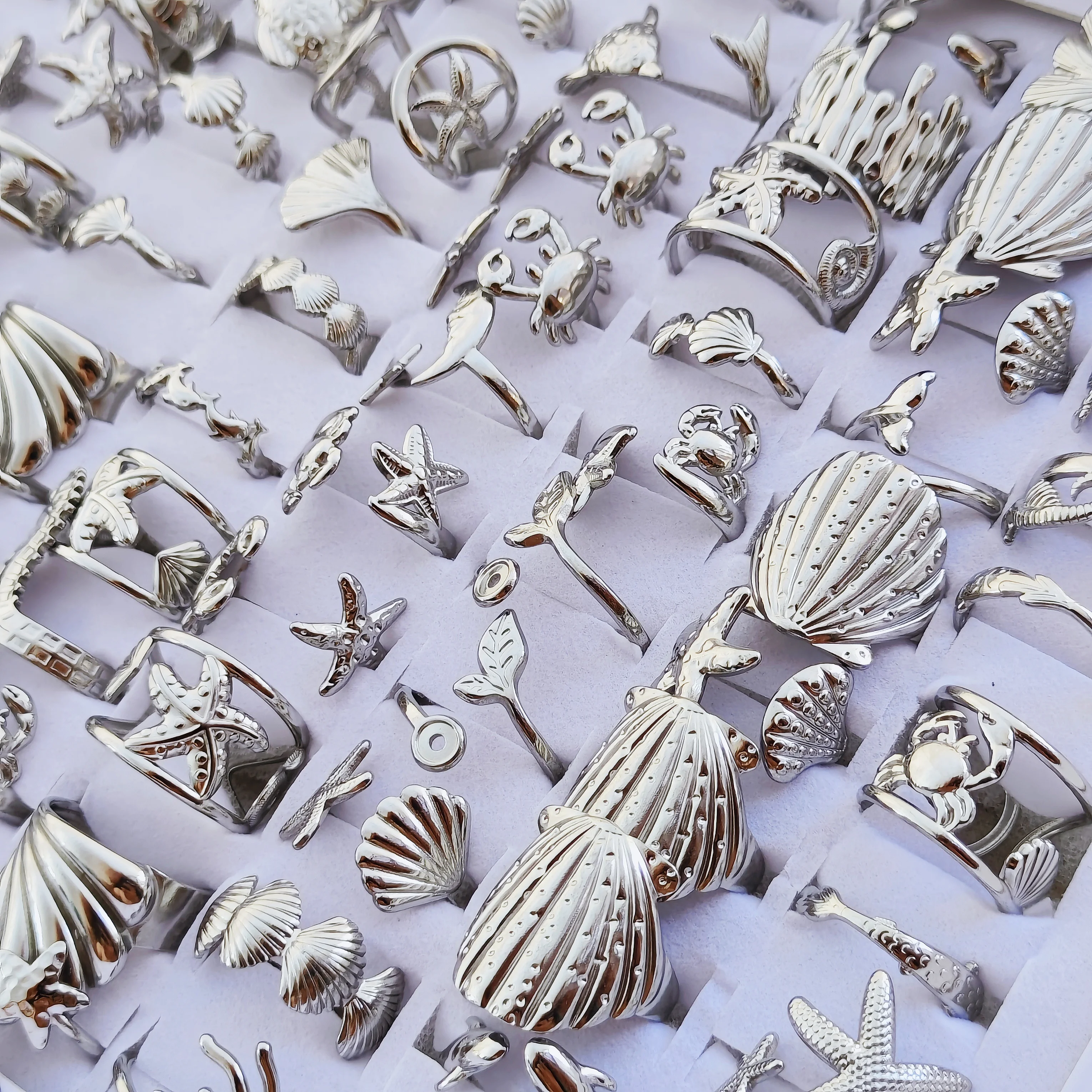 10 Stück verstellbare Ringe aus Edelstahl für Damen und Herren, Ozean-Tier- und Pflanzen-Themen-Schmuck, Großhandelsgeschenke – Detail 10