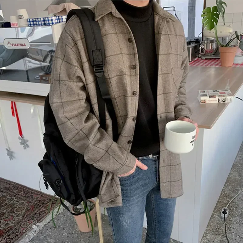 Winter Woolen Plaid Shirt Men's Casual Loose Korean Elegant Woolen Long Sleeved Shirt Vintage Warm Lapel Button Jacket