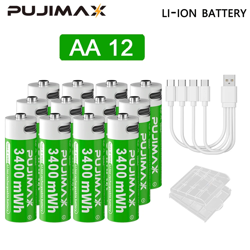 PUJIMAX 1,5 V AAA/AA 3400 mWh 1100 mWh oplaadbare batterij USB Type-C oplaadbare Li-ion batterij voor afstandsbediening elektrisch speelgoed