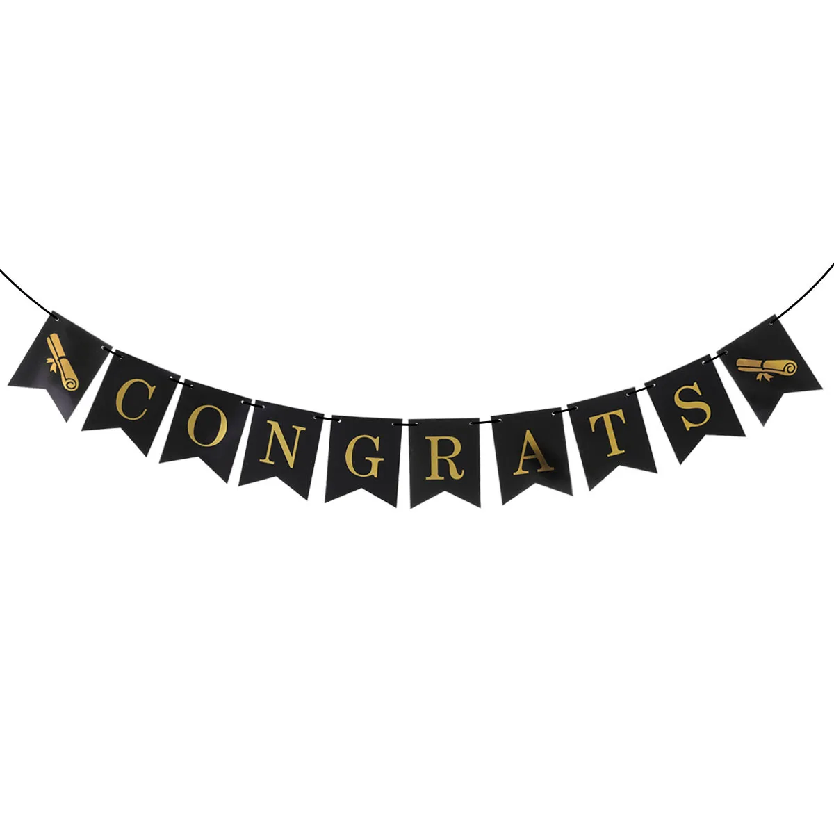 

Congrats Banner Diploma Decor Swallowtail Shimmering Gold Letters and Black Background Hanging Banner for Graduation Party