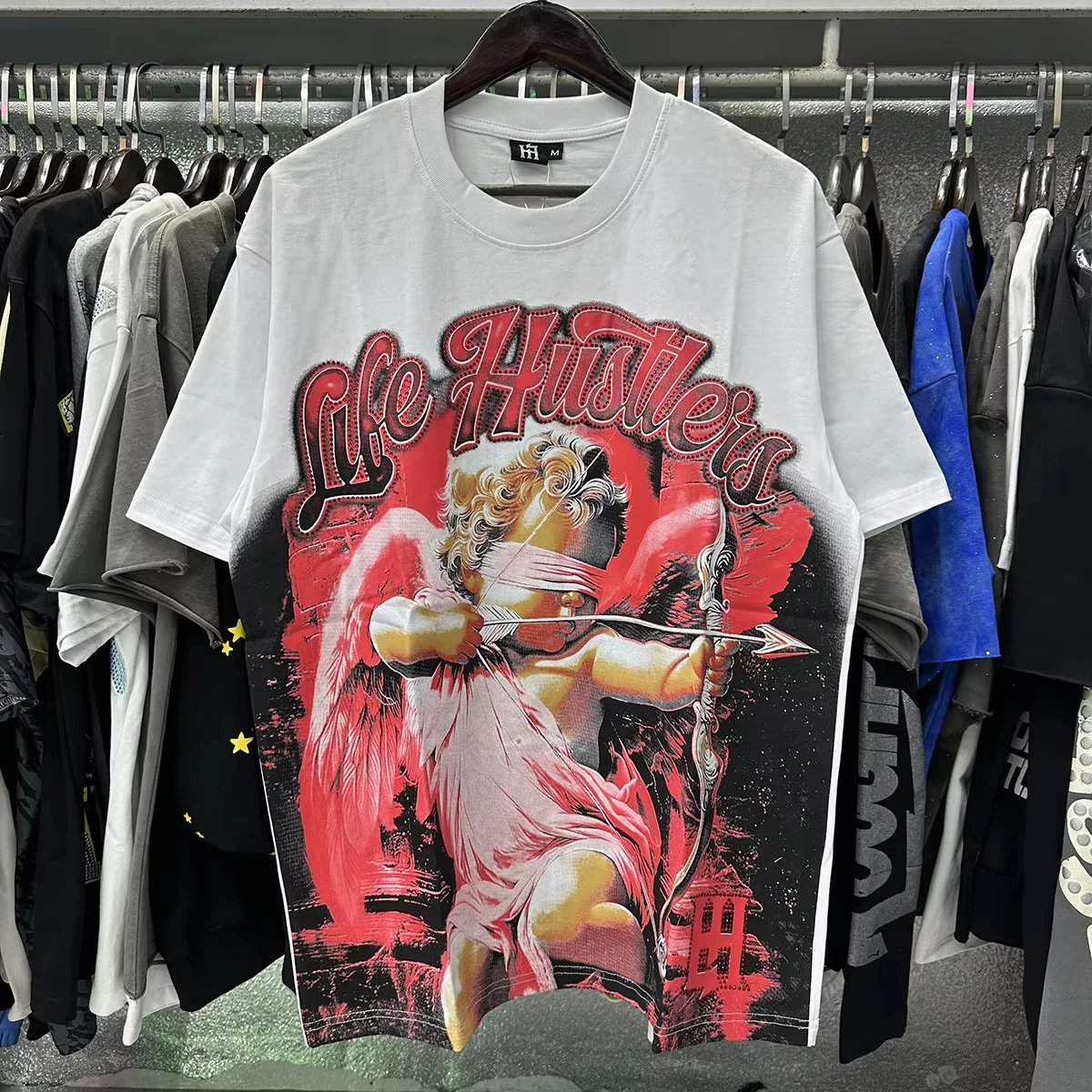 Masked Angel Shooting Arrows  Cotton Short Sleeve Tshirts for Men and Women Crew Neck Loose Summer T-shirt Oversized Tees