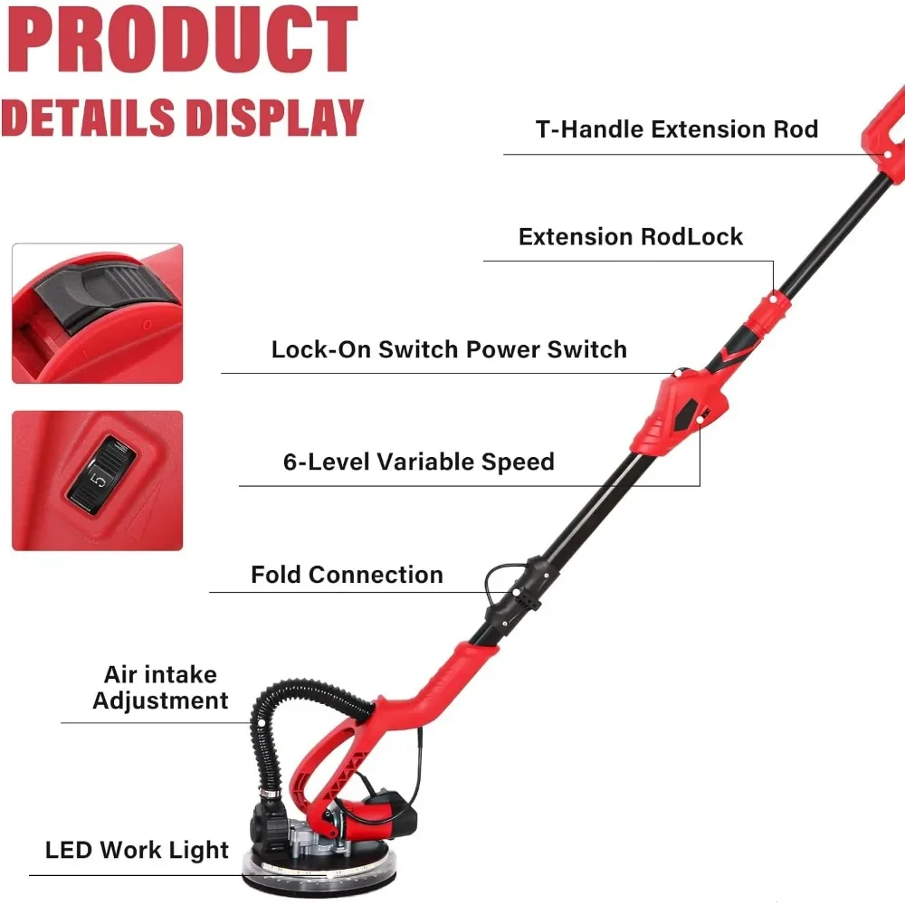 750W Electric Drywall Sander With Vacuum & 14Pcs Sanding Discs, 6 Variable Speeds 1000-1850RPM, Foldable has Dust Bag, LED Light