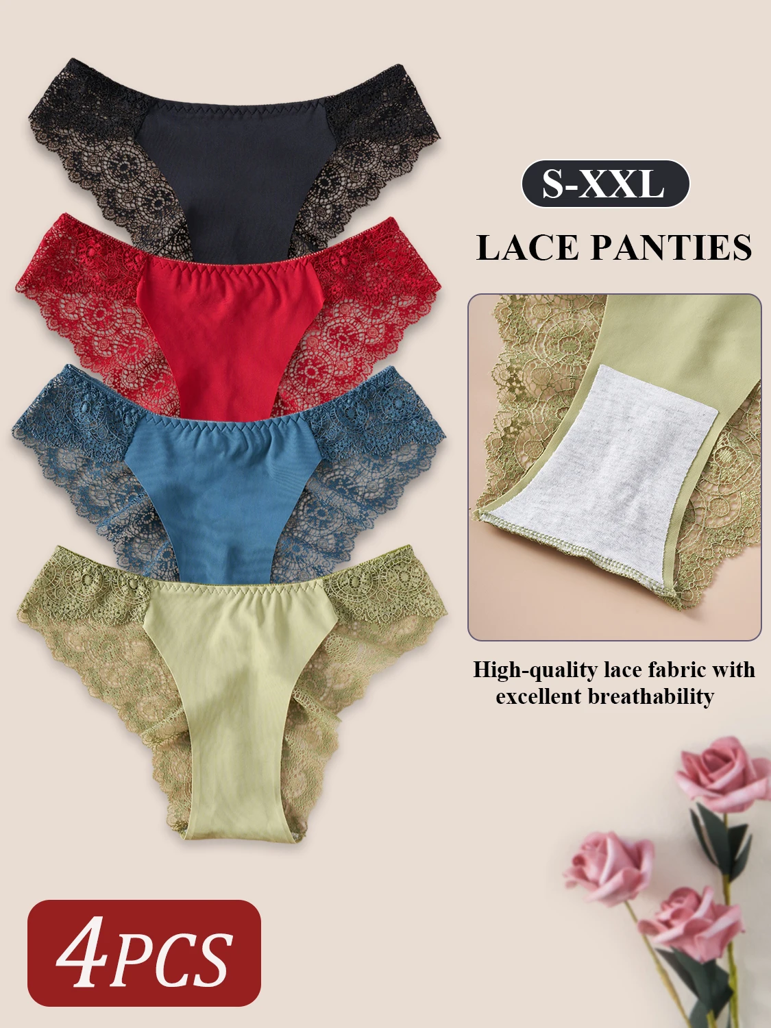 4 قطعة ملابس داخلية عصرية جديدة بلون واحد سراويل منخفضة الخصر للنساء مجوفة الأزهار الدانتيل المشذبة مثير ملخصات الملابس الداخلية الحميمة