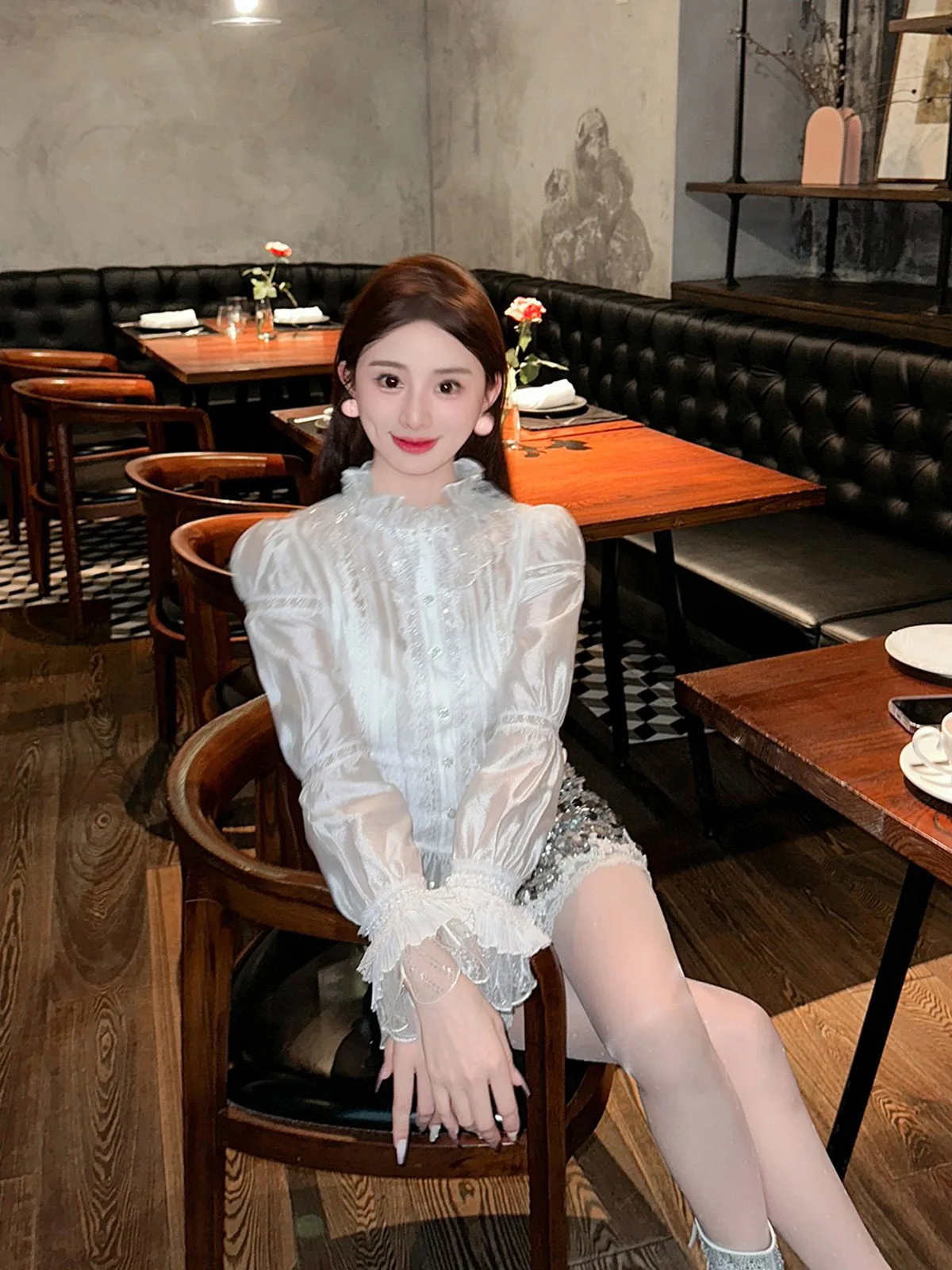 

Faionable воротник с рюшами, белый, приталенный, базовый, для женщин, полиэфирное волокно, длинная застежка на пуговицы, повседневная одежда