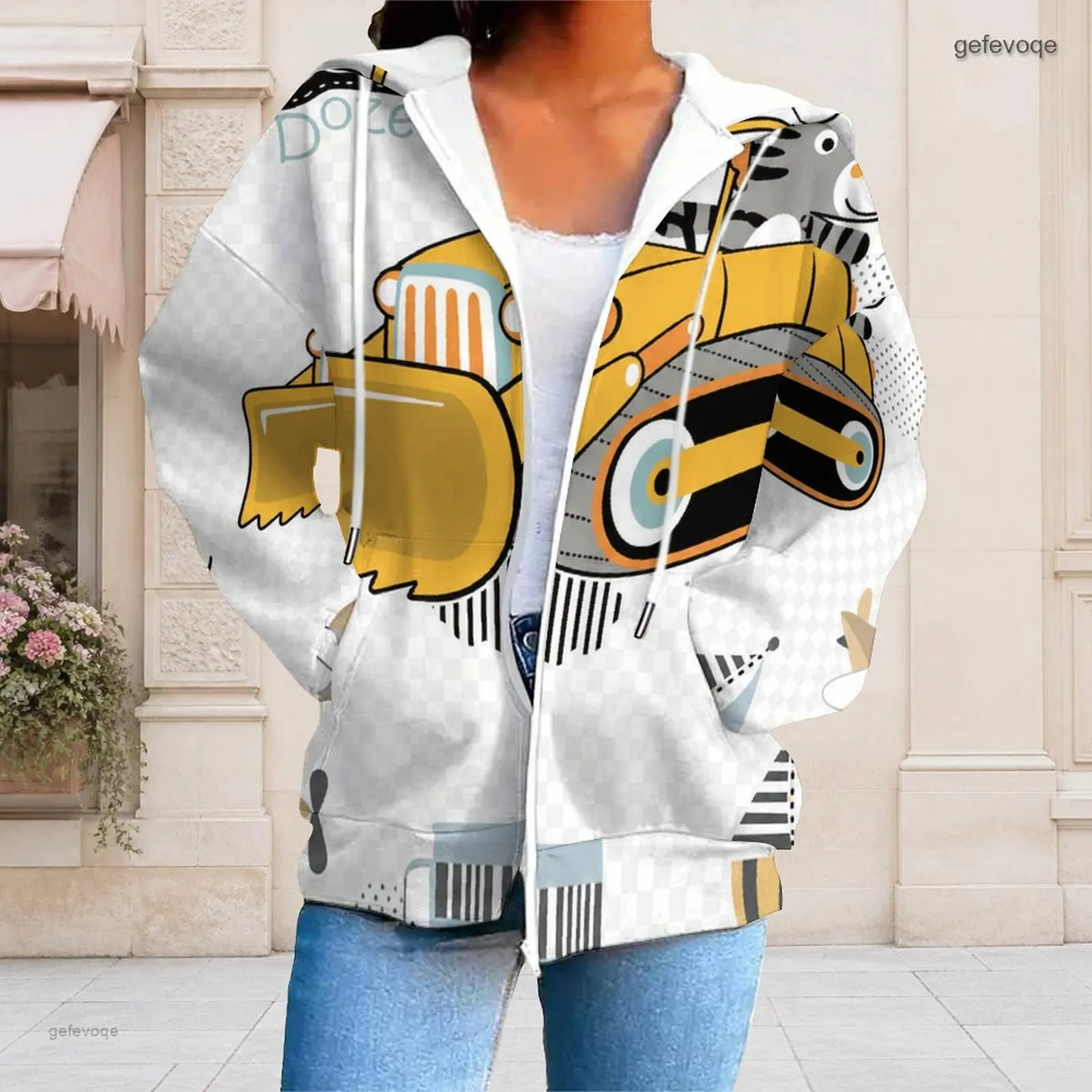 Women Cartoon Bulldozer Printed Zip Up Hoodie Long Sleeve Drawstring Hood With Pockets