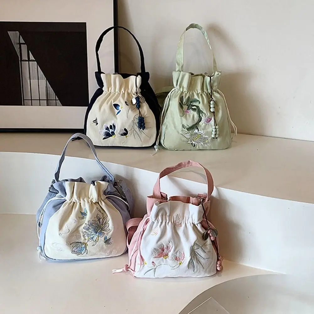 

Сумка-ведро с вышивкой в этническом стиле, сумка-ведро с цветком, древний стиль, сумка в китайском стиле, сумка для хранения, аксессуары Hanfu