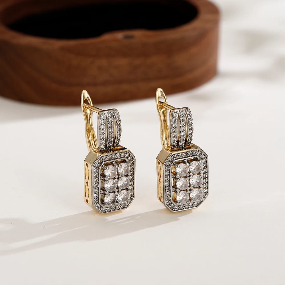 Square vintage zircon earrings and ring set copper plated 14K gold fashion jewelry banquet wedding accessories gift
