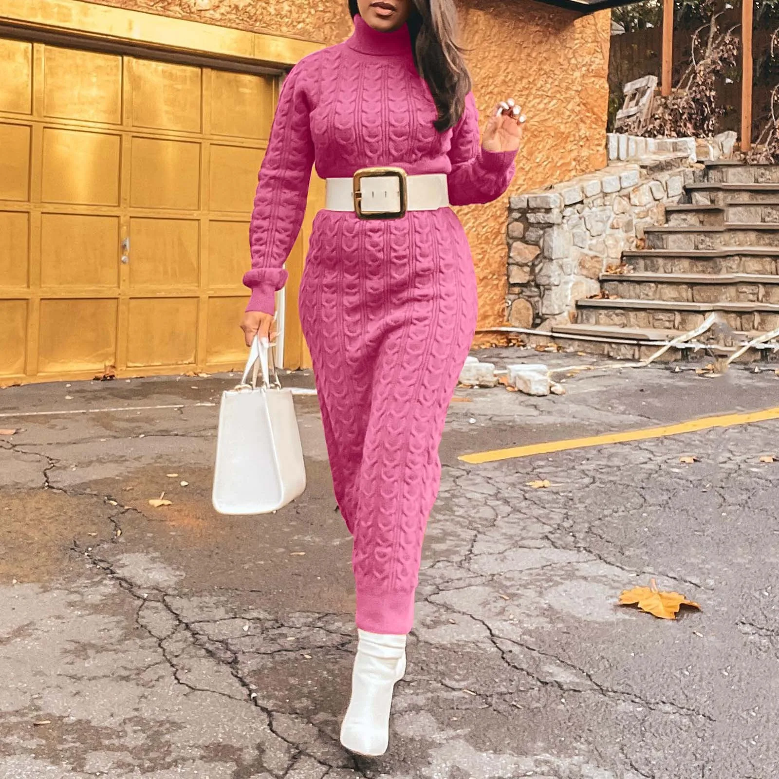 2024 Hook Knit Dress for Women High-neck Long-sleeved One-step Skirt Autumn/winter Stylish Elegant Long Dress without Belt