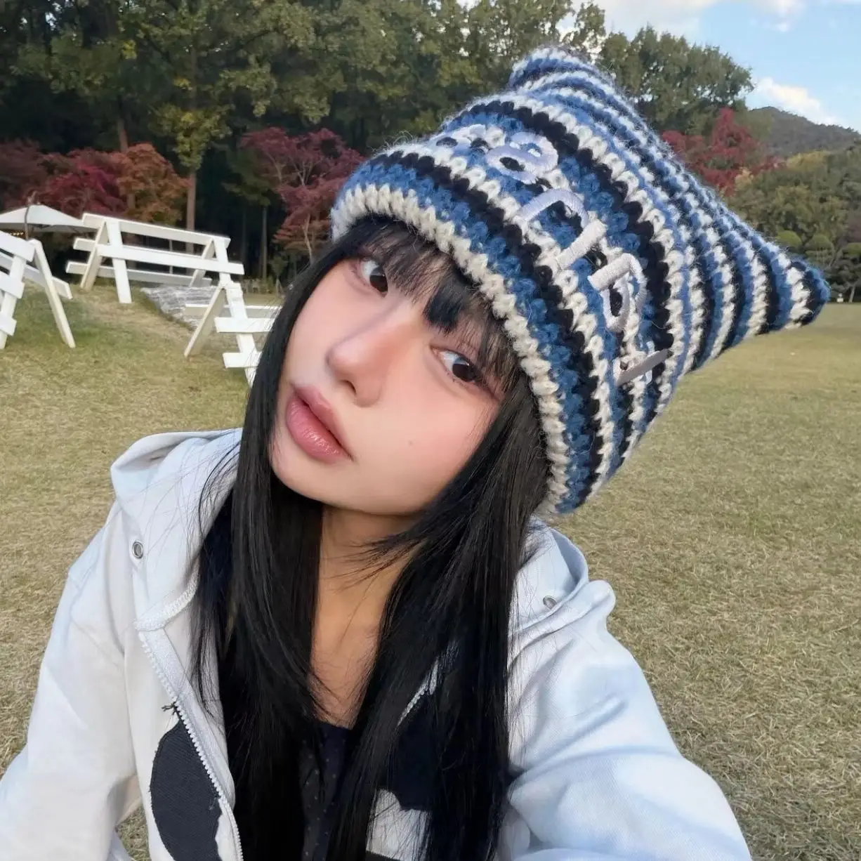 Knitted Hat Stripes and Cat Ears Cute Ear-Covering Plush Face-Covering, Pull-Over Hat Women Warm Soft Stretch