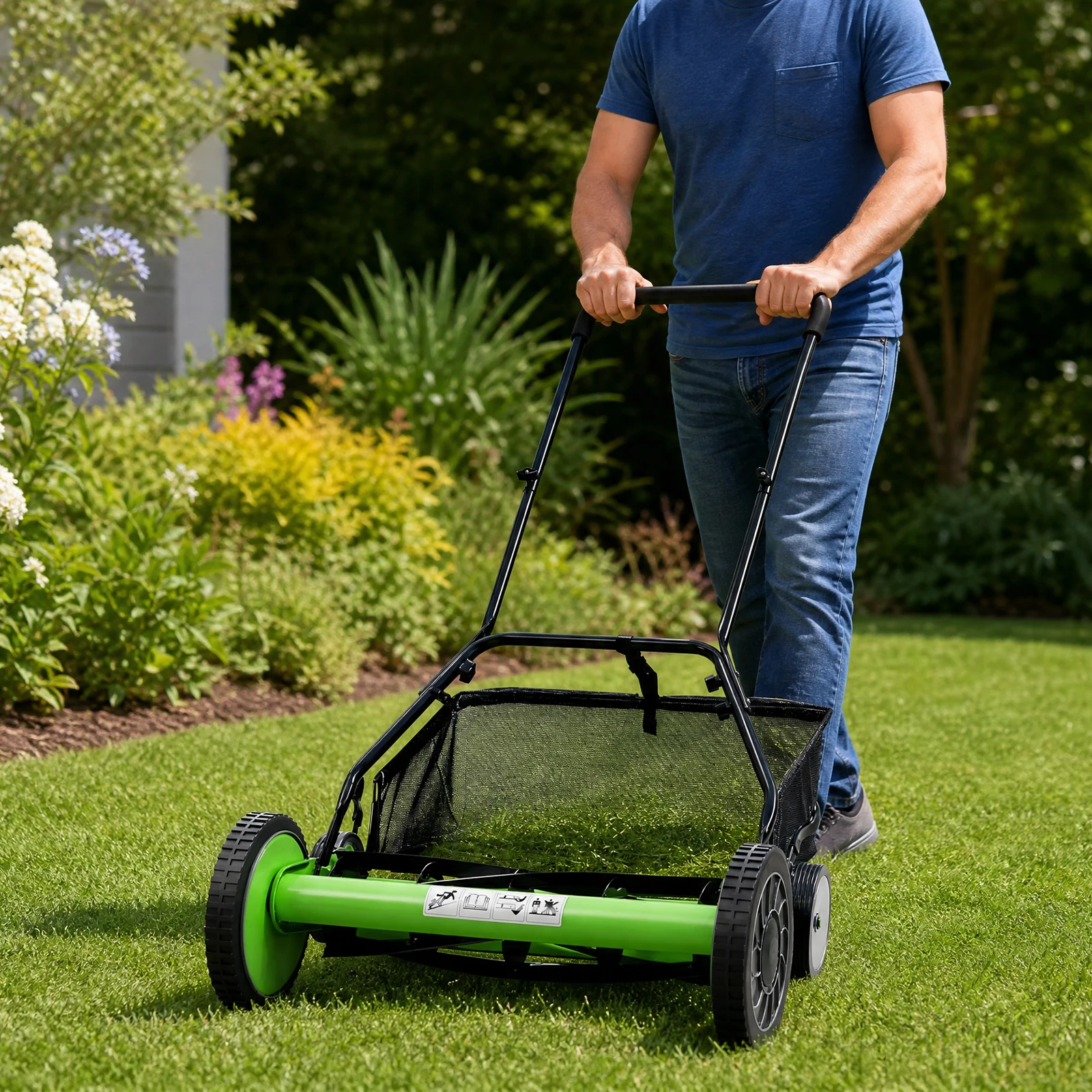 20 Inch Reel Mower Manual, Push Cylinder Lawn Mower with Adjustable Height 1.3-2.5 Inch, Hand Push Grass Cutter with Catcher