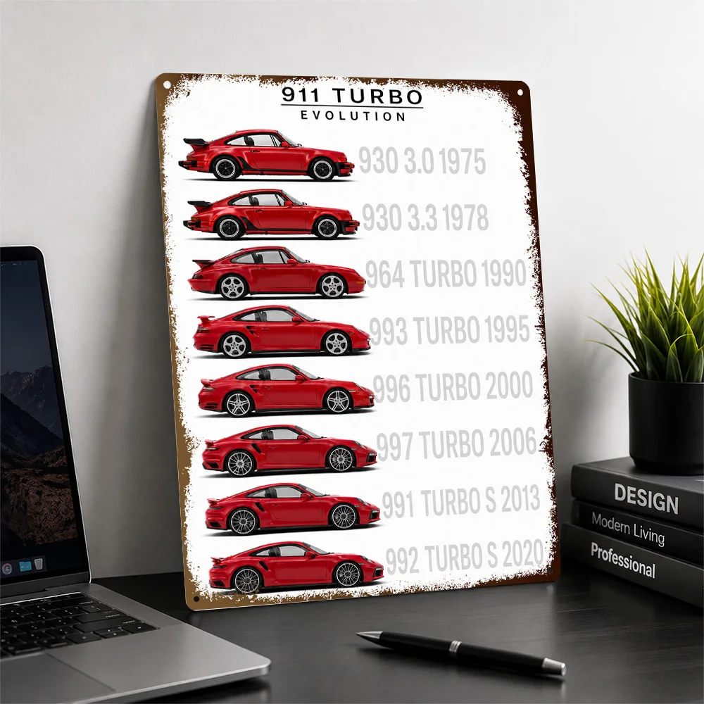 Germany 911 Turbo Evolution Red Model Chart Textured Poster Customized Metal Tin Sign Workshop Style Wall Art Perfect For Home