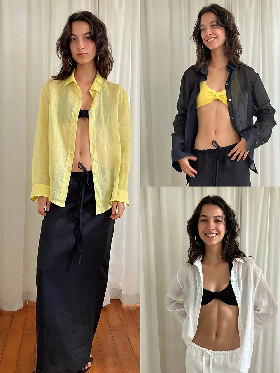 

JaquanXu l Flax Loose Fit Long Sve irt Lightweight Breathable Sun Protection Summer Women's Collar Button up