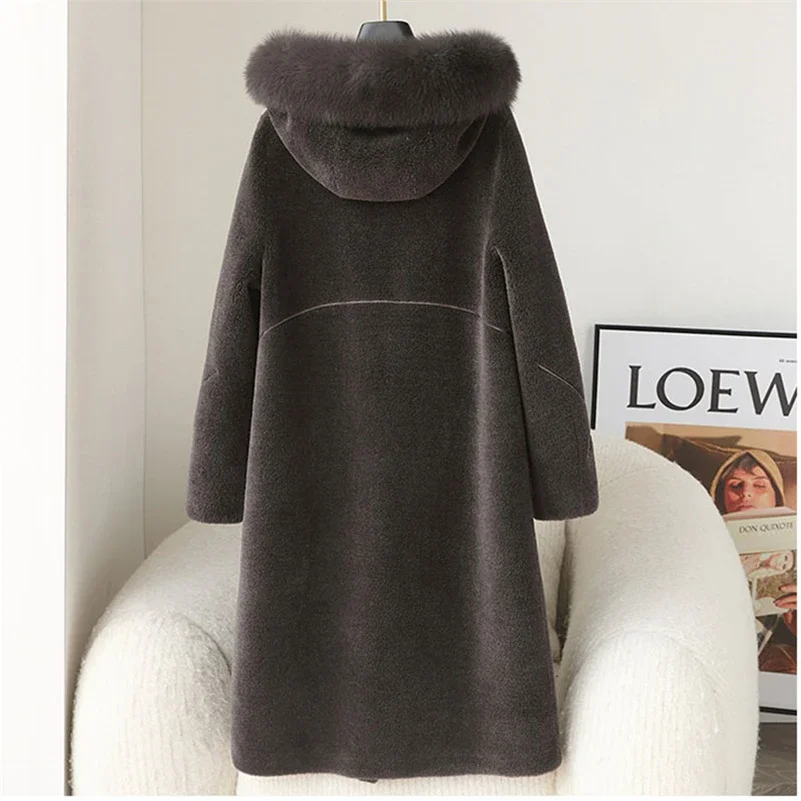 Women Winter Long Wool Fur Coat Jacket Female Fox Fur Collar Coats Lady Over Size Parka Trench CT251