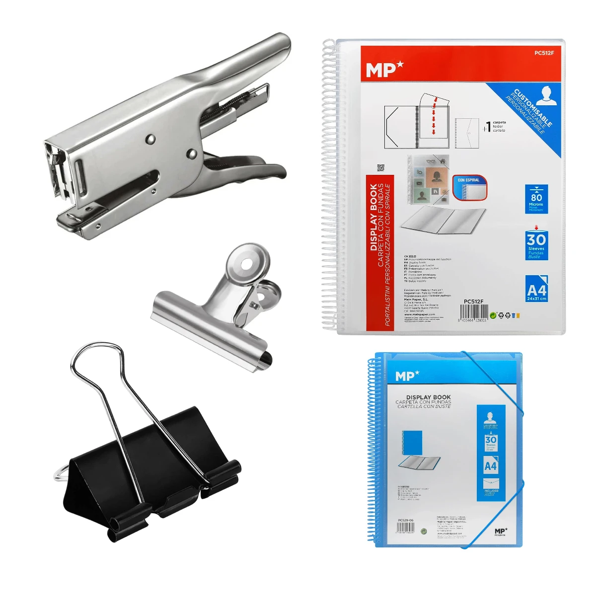 Maxia Market office accessories: stapler, steel leaf clamps, plastic cases, folder with card holder, folder with cases