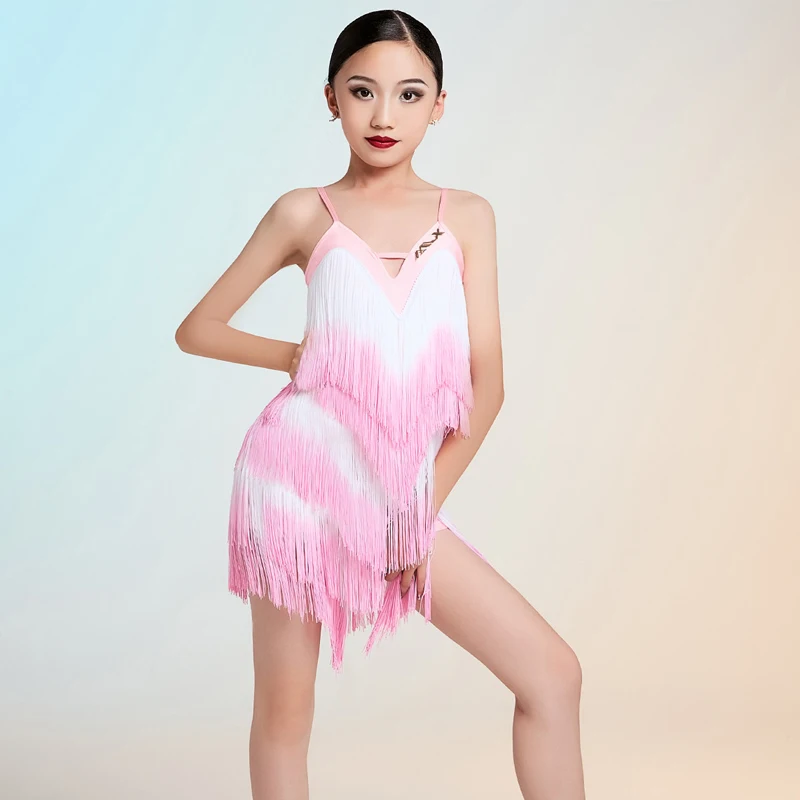 그라데이션 색상 풀 프린지 드레스 소녀 라틴 댄스 전문 드레스 어린이 볼룸 댄스 공연 의상 SL14811