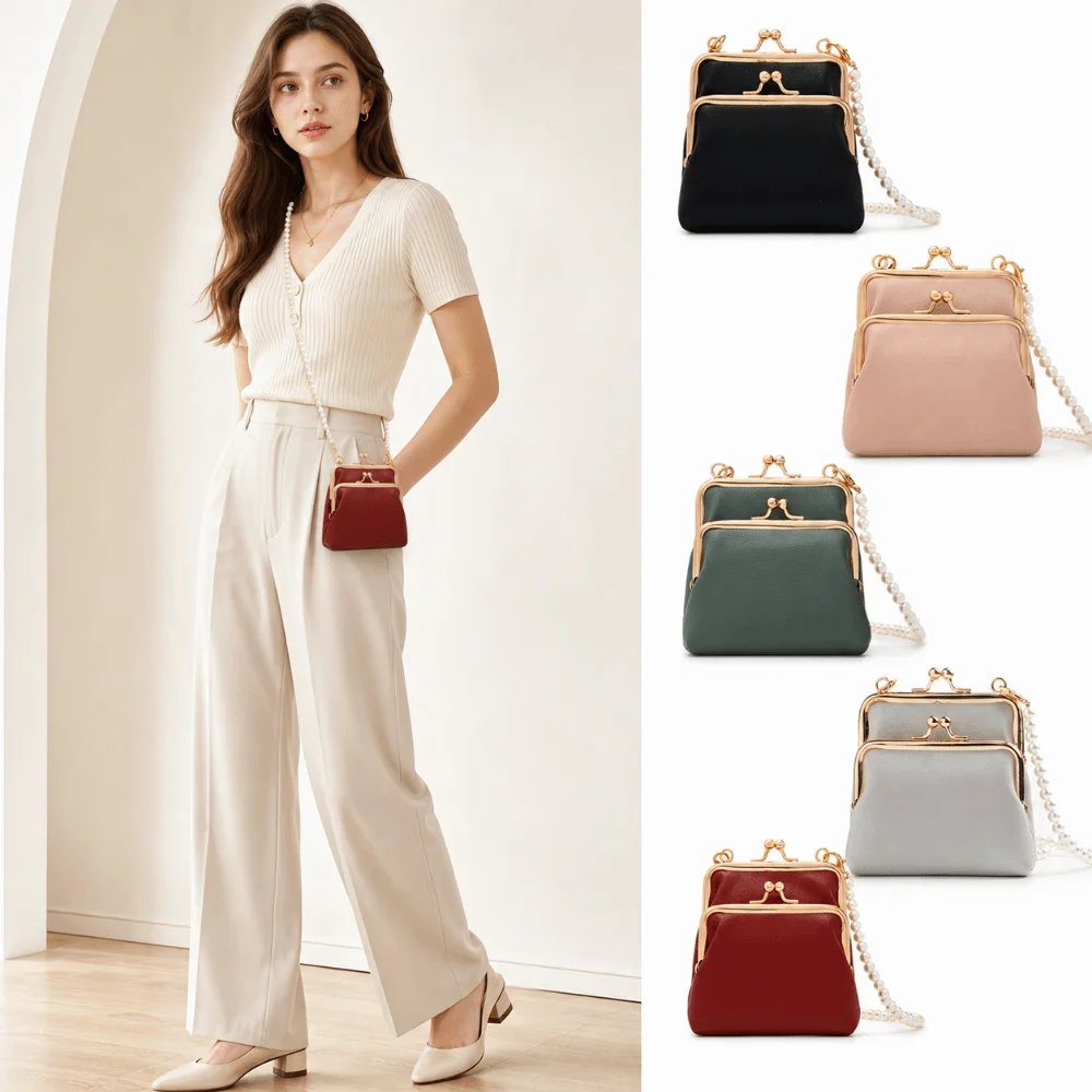 Retro Double Layer Mini Crossbody Bag Detachable Strap Pearl Chain Kiss Lock Purse PU Leather Clip Frame Small Purse For Women