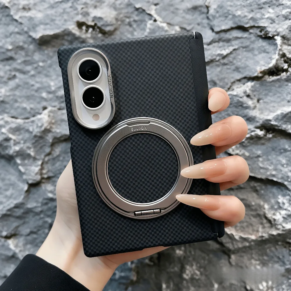 360 Metal Rotating Ring Kickstand Holder Leather Case for Samsung Galaxy Z Fold8 Metal Lens Hard Magnetic Wireless Charger Cover