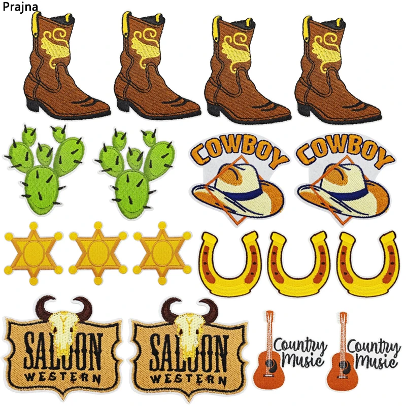 5PCS West Cowboy Embroidered Patches For Clothes Jackets Backpack Jeans Sew Patch DIY Horse Boots Hat Bull Head Iron On Patches