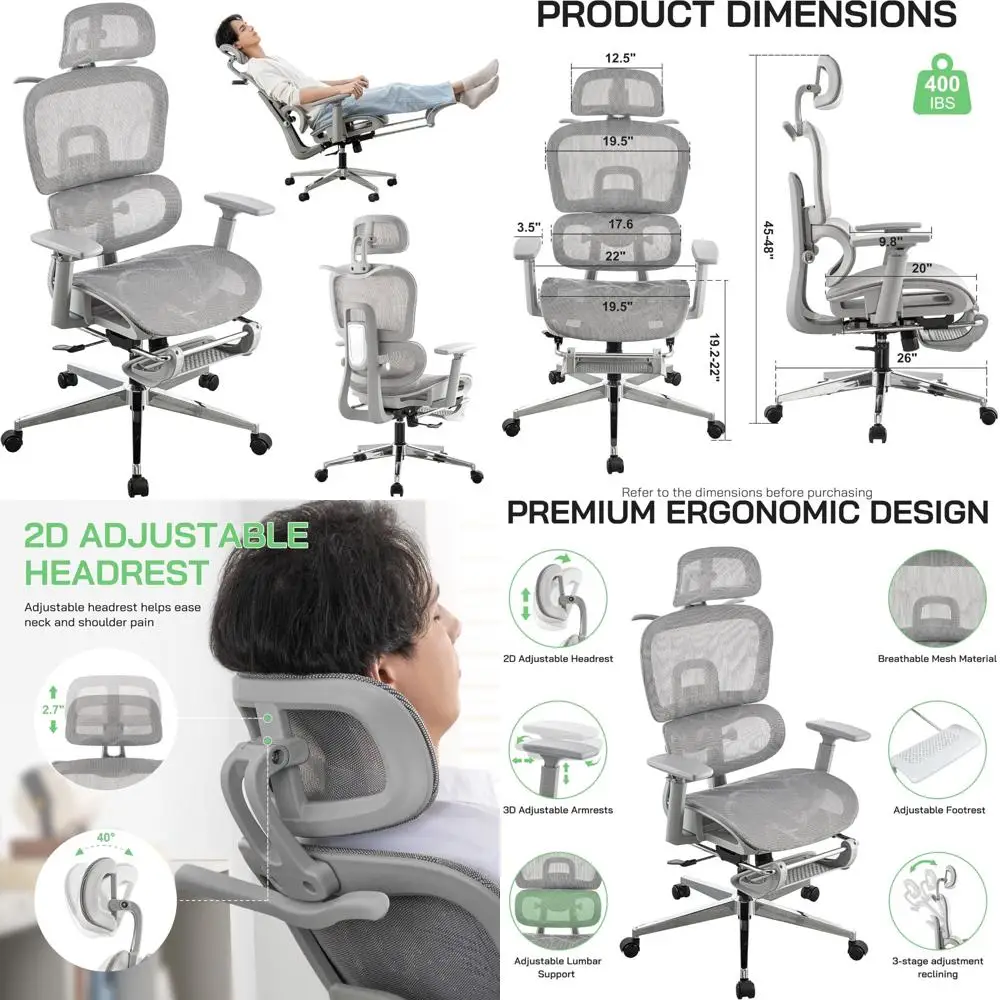 

Ergonomic Mesh Office Chair with Footrest, High-Back Gaming Chair featuring Lumbar Support, Adjustable Headrest and Armrests