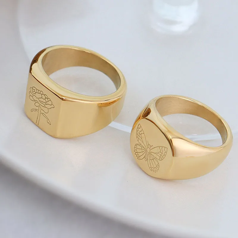 Handmade Tarnish Free Stainless Steel  Gold Plated Engraving Butterfly, Peony, Flower Signet Rings for Women Cocktail Ring