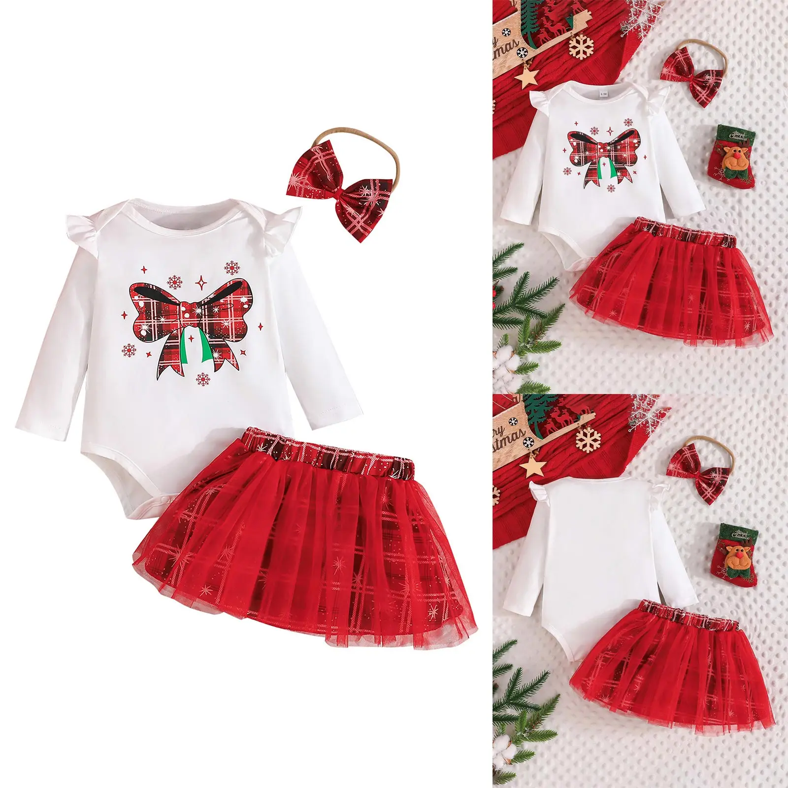 

Infant Baby Girls Christmas Outfits Long Sleeves Bow Print Rompers with Plaid Tulle Skirt Headwear Holiday Party Kids Clothing