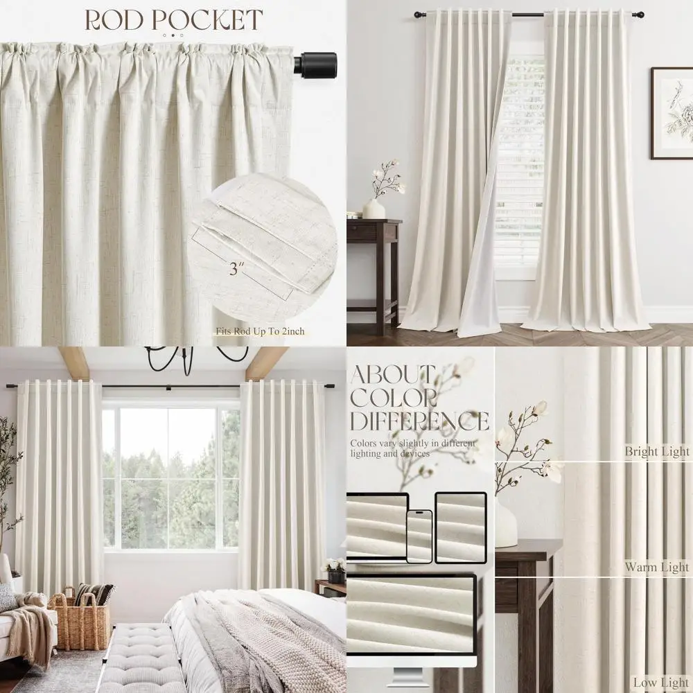 

90 льняных затемняющих штор — упаковка из 2 штук для дома, кремового и натурального цвета, 100% светоблокировка, теплоизоляция, дизайн задней панели, бежевый к