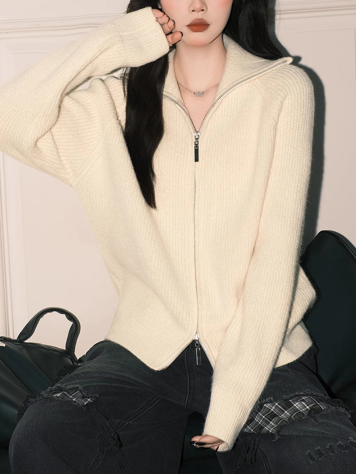 Miękki Biały Rozpinany Sweter z Podwójnym Zamkiem Damski Długi Sweter Dzianinowy Jesienno-Zimowy Ciepły Puszysty Top dla Nastolatek