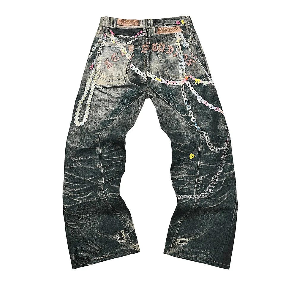 

High Quali 3D Candy Chain Print Jeans Casual Comfortable Breathable mid Waist Long Pants Hip Hop Sle Stone Waed