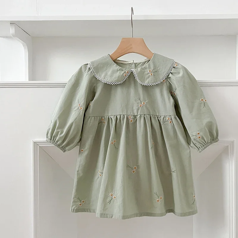 1-6Y Autumn New Girls Dress Fashion Cute Doll Neck Embroidered Flowers Dress Spring Children\'s Girls Long Sleeve Princess Dress