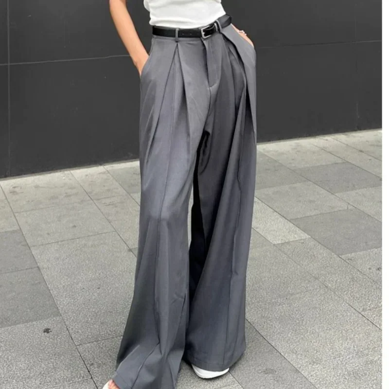 QWEEK Baggy Casual Grau Anzug Hosen Frau Koreanische Mode Klassische Büro Damen Breite Bein Hosen Hohe Taille Grundlegende Pantalones