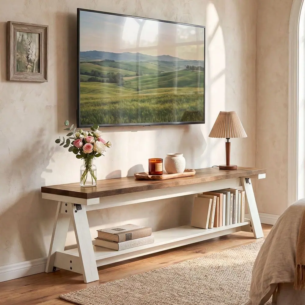 59 Farmhouse TV Stand For TVs Up To 65 Inches, 2Tier Entertainment Center With Open Shelves, Media Console Table For Living Roo