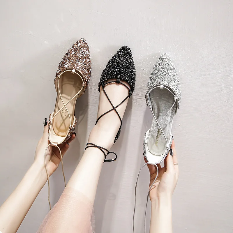 Summer Women Ballet Flats Luxury Rhinestone Wedding Shoes Cross-Tied Lace Up Pointed Toe Shallow Mouth Shoes Loafers Plus Size