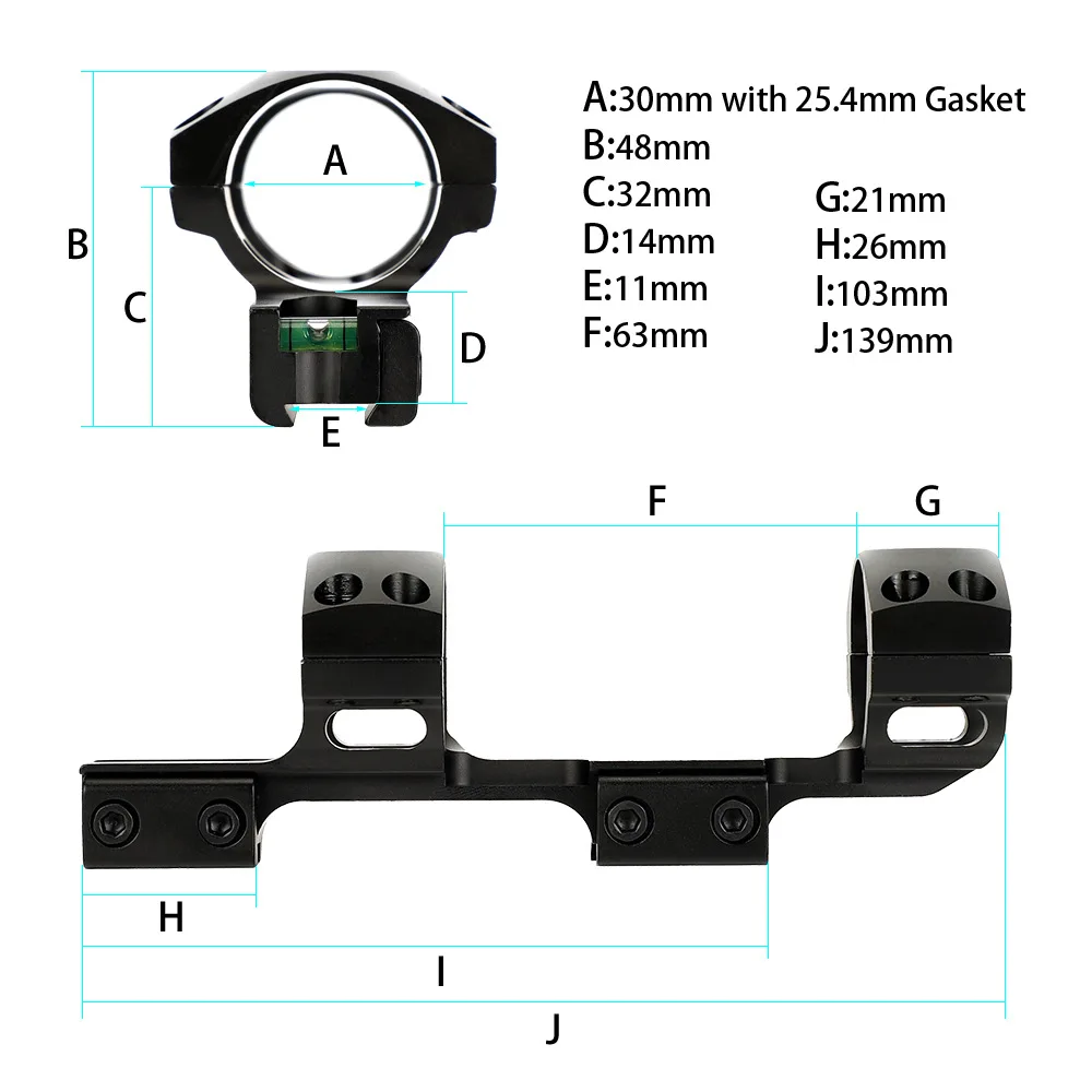 Ohhunt-range mounting ring, 30mm/25.4mm, 3rd/8th tube, 11mm base, bidirectional offset bracket with bottom bubble level