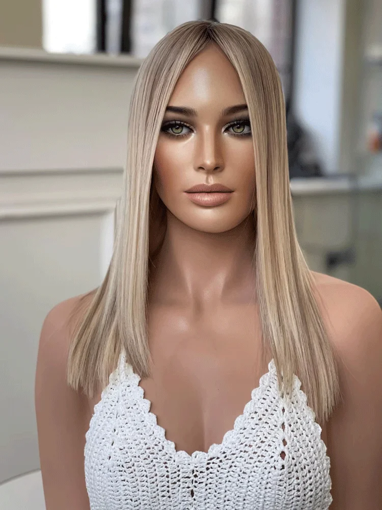 Synthetic Wig Lace Front Wig Natural Hairline Highlights Blonde Color Straight Bob Wig Dark Root For Women Daily Party Use