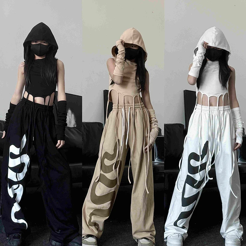 

2025 Jazz Modern Dance Costumes For Girls Hooded Vest Printed Sweatpants Outfits Hip Hop Dance Performance Rave Clothes DQS18652