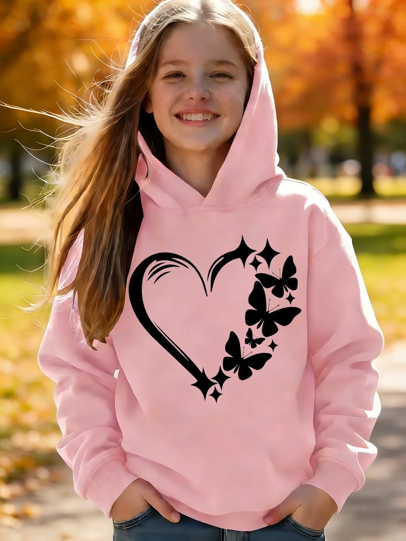 Kids Girls Pink Heart Butterfly Graphic Printed Hoodie Teen Sparkle Star Sweatshirt Loose Front Print Autumn Top