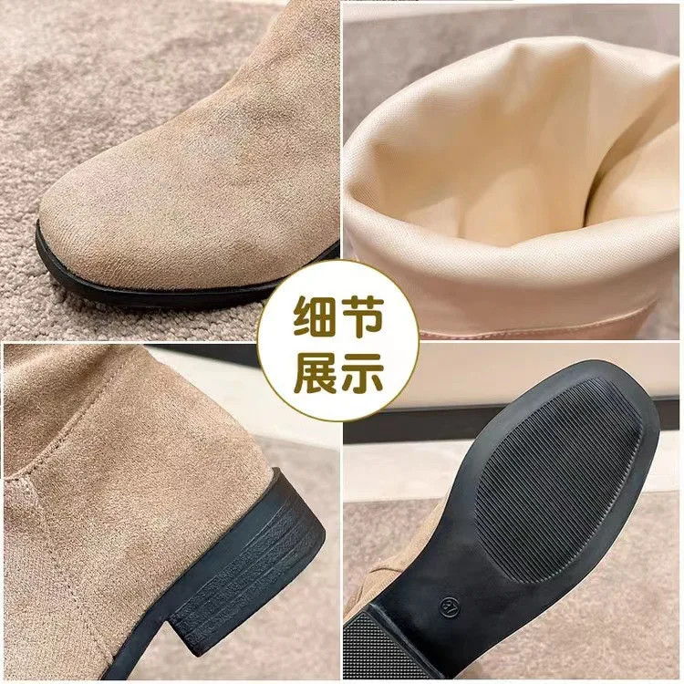 2024 Women Mid Calf Boots Retro High Heels Solid Color Women Shoes Round Toe Rome Females Low Heels Boots Botas De Mujer