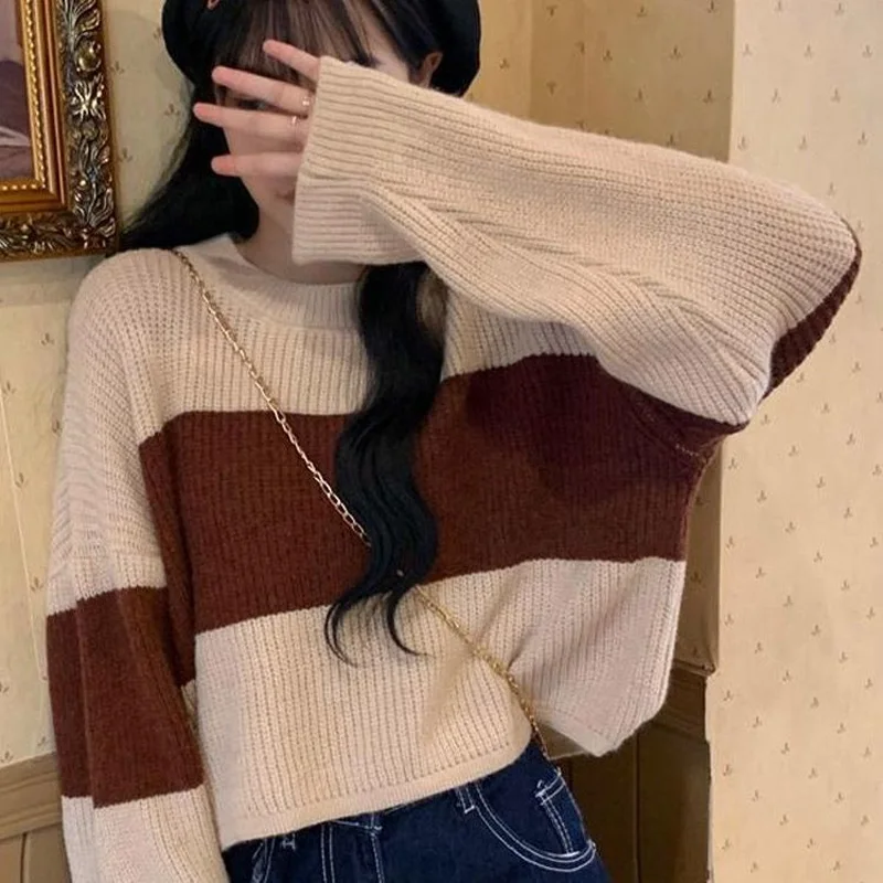 2022 Fashion Color Matching Horizontal Bar Sweaters Women New Autumn Winter Long Sleeve Loose High Waist Korean Knitting Top