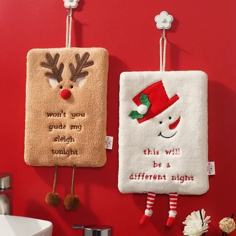 New Christmas Hand Towel Hanging Type Thickened Coral Fleece Towel Kitchen Absorbent Quick Drying Rag Cartoon Hand Towel