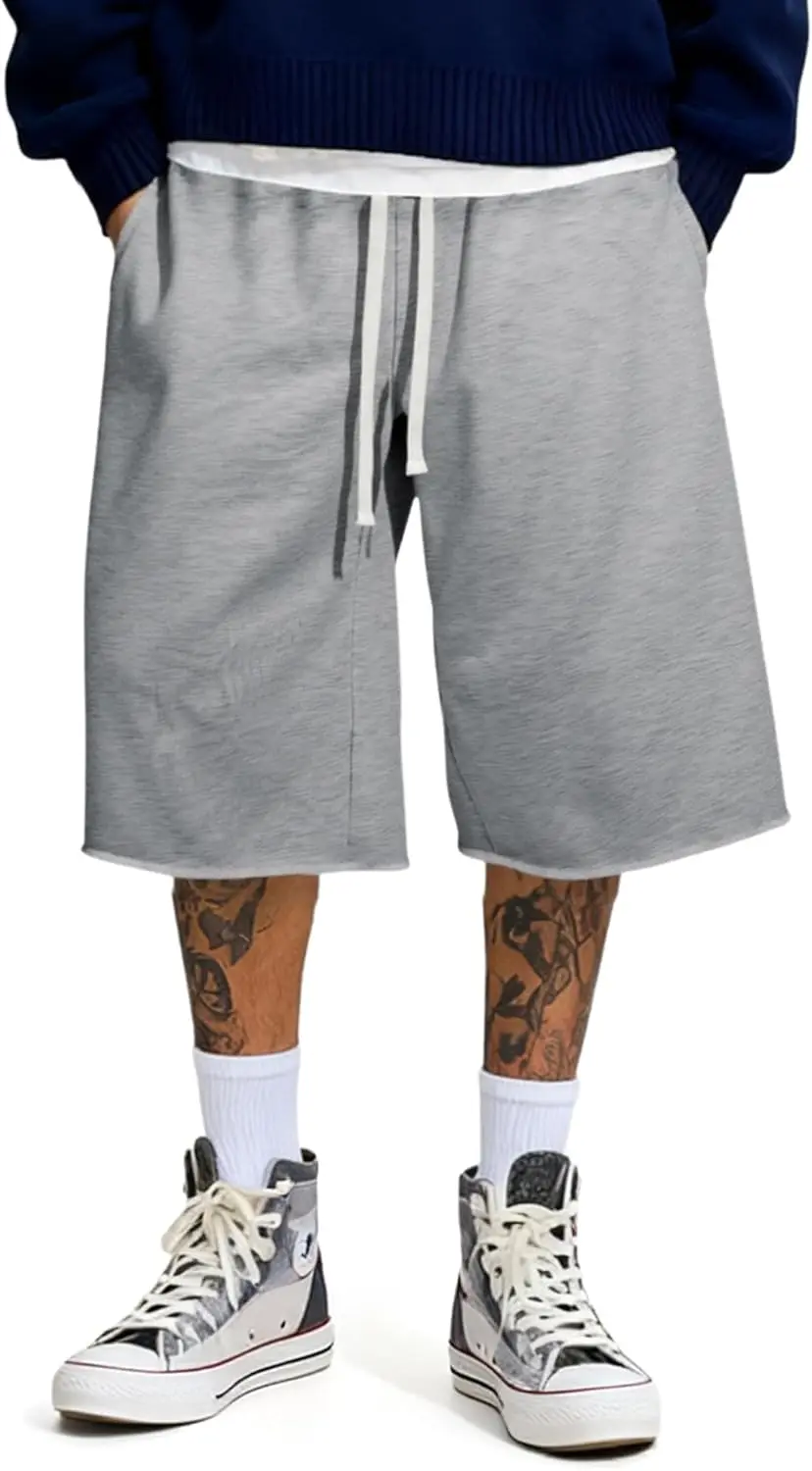 

2026 Men's Baggy Sweat Shorts Lightweight Under Knee Casual Hem Drawstring Y2K Shorts Loose Fit Gym Shorts