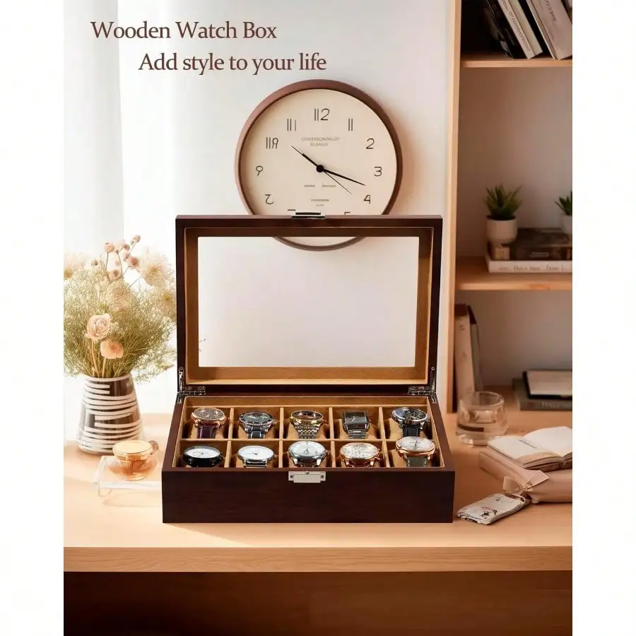 New Watch Box 10 Slot Watch Case With Real Glass Lid Wood Watch Display Case With Cloth Watch Pillow Watch Storage Box For Men And Women Brown view 3