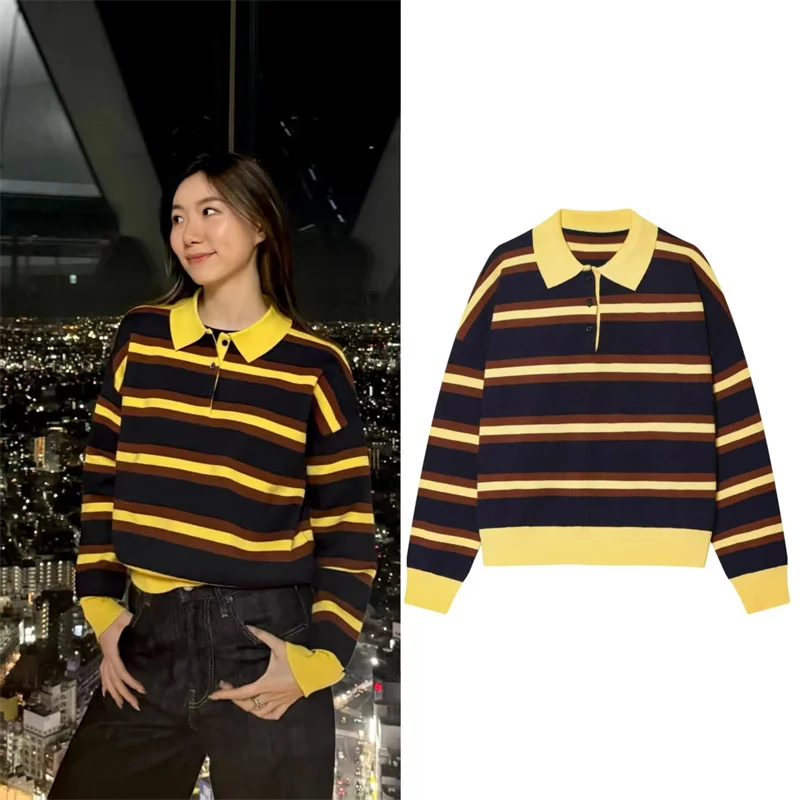 

Women's Top 2025 Fall New Style Color-Block Striped Long-Sleeve Polo Neck Loose Knit Pullover Casual Fashion Versatile
