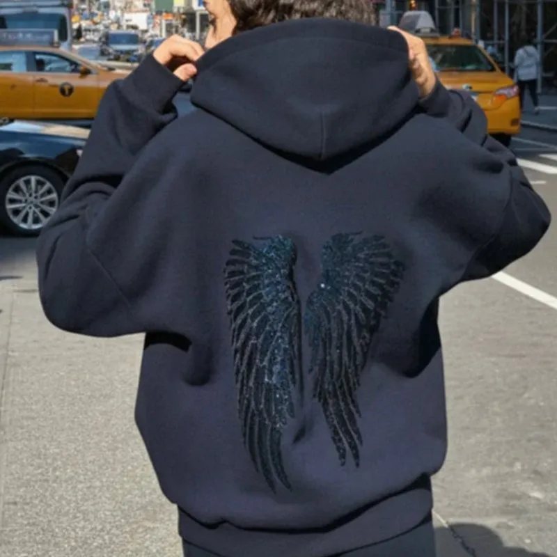Retro Y2k Hoodie Oversize Women's Sweatshirt 2026 Autumn Winter New Round Neck Sequined Wings Decorated Knitted Pullover Top Y2k