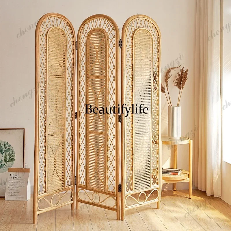 E153 Rattan screen partition wall simple modern living room mobile push-pull folding shade manual folding screen