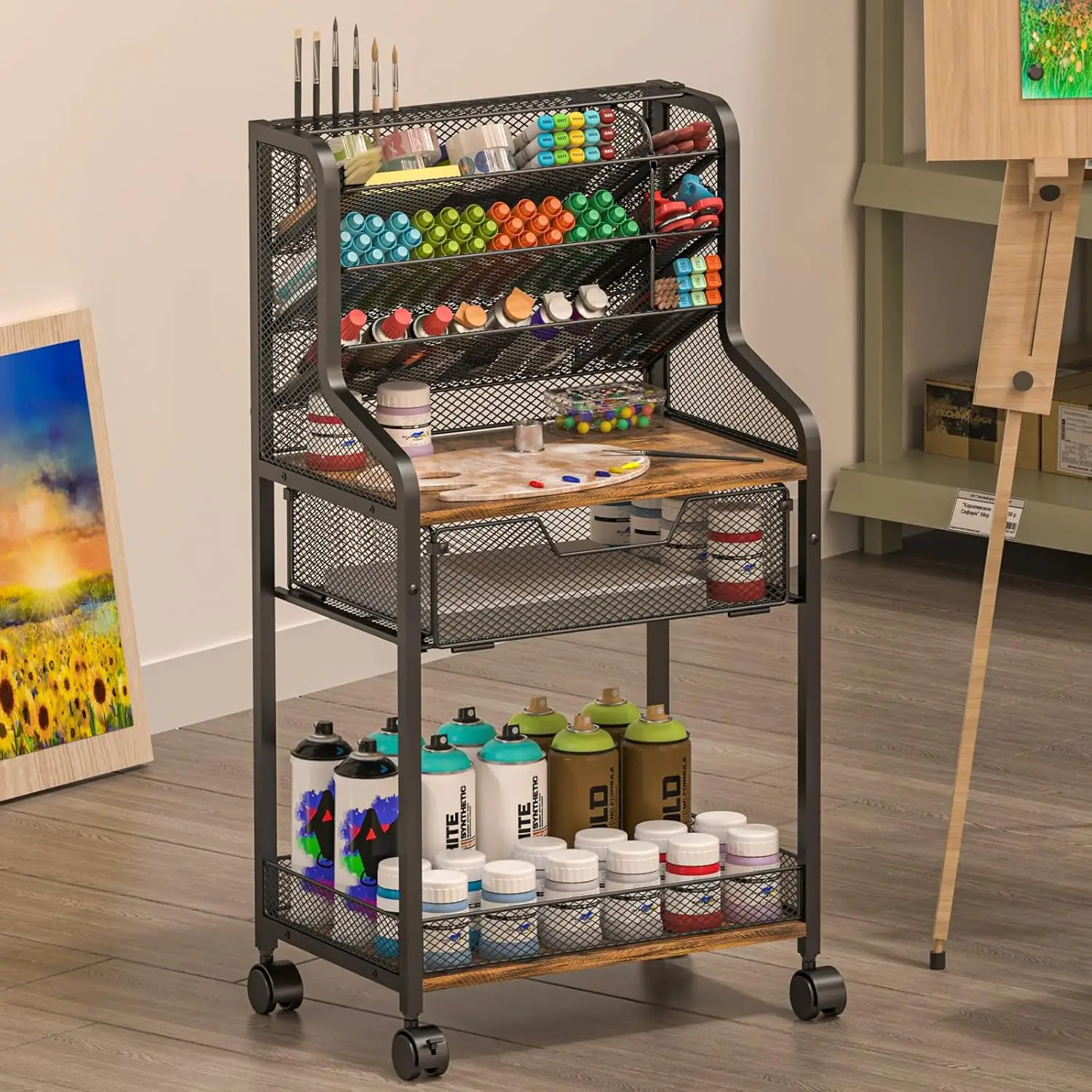 

6-Tier Rolling Craft Cart with Lockable Wheels & Removable Dividers, Metal & Wood Storage Organizer for Art Supplies