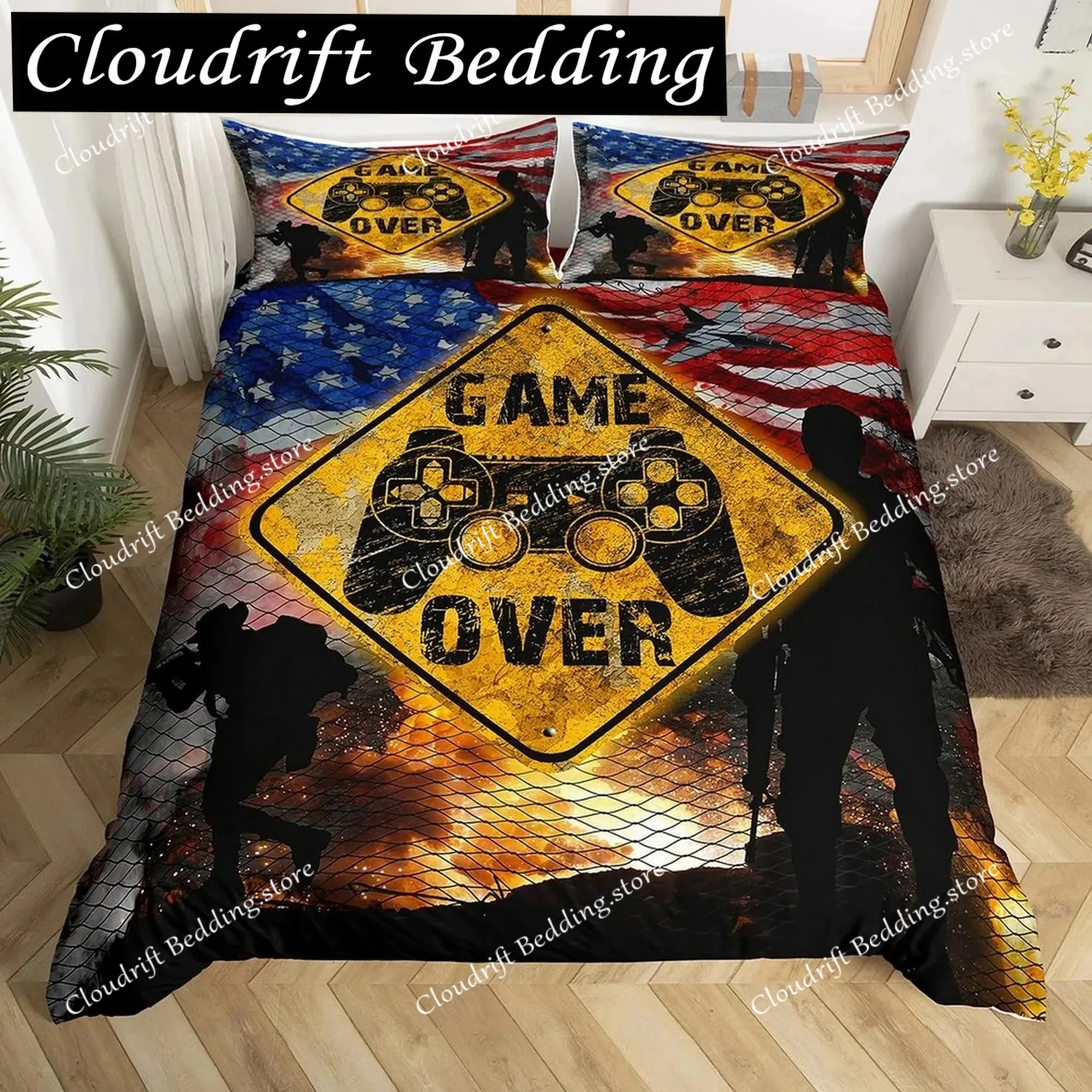 

American Soldier Duvet Cover Set Twin for Boys Teens, American Flag Comforter Cover Set,Airplane Queen Size Bedding Sets