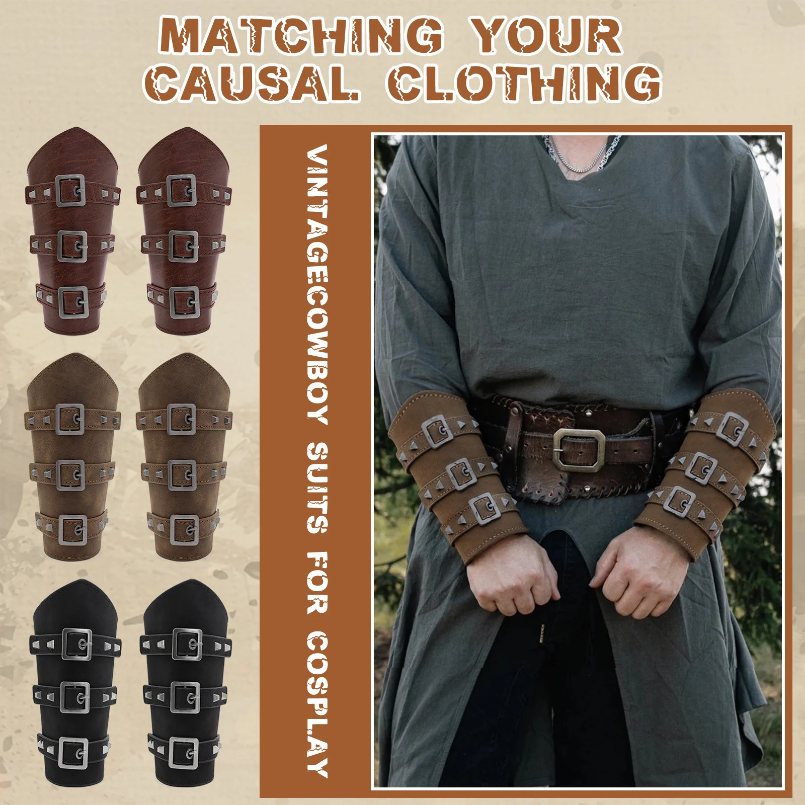 Middle Ages Man Leather Wrist Guard Retro Punk and Herringbone Wrist Guard Carnival Cosplay Costume Accessories Arm Guards