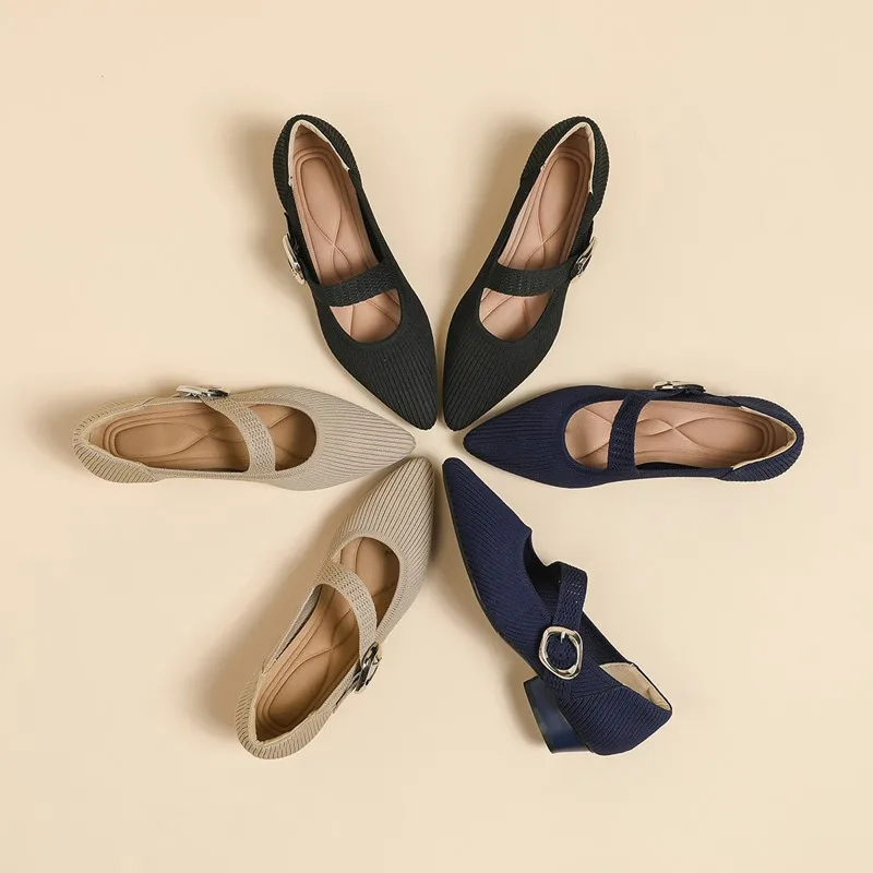 Women Mary Jane Shoes Pointed Toe 2024 Autumn New Shallow Ribbon Women Dress Shoes Large-size Knitted Mid-heel Shoes Ladies