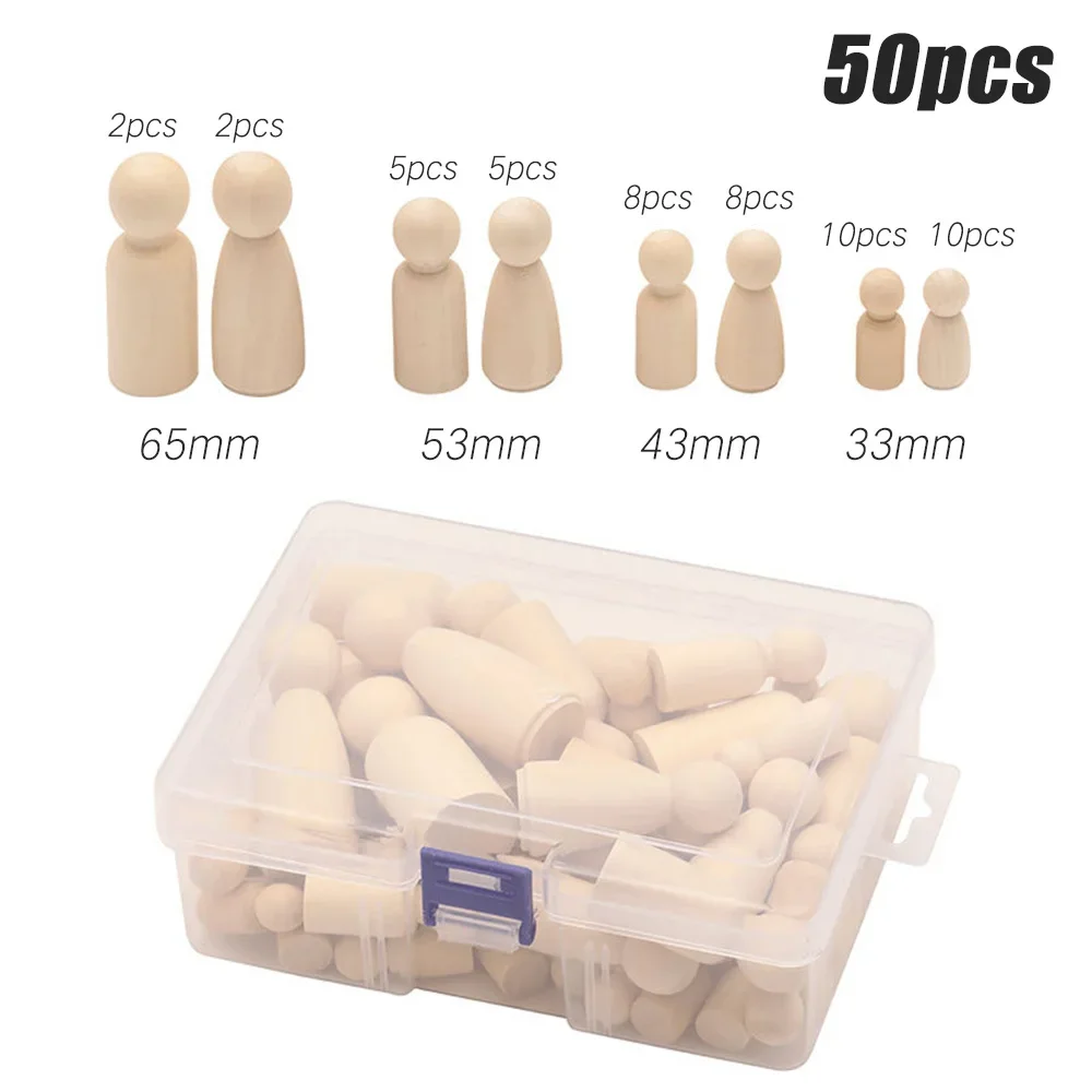 50pcs Wooden Peg Dolls Unpainted Figures DIY Arts Crafts Kids Birthday Gifts Handmade Male Female Dolls 65mm/53mm/43mm/33mm