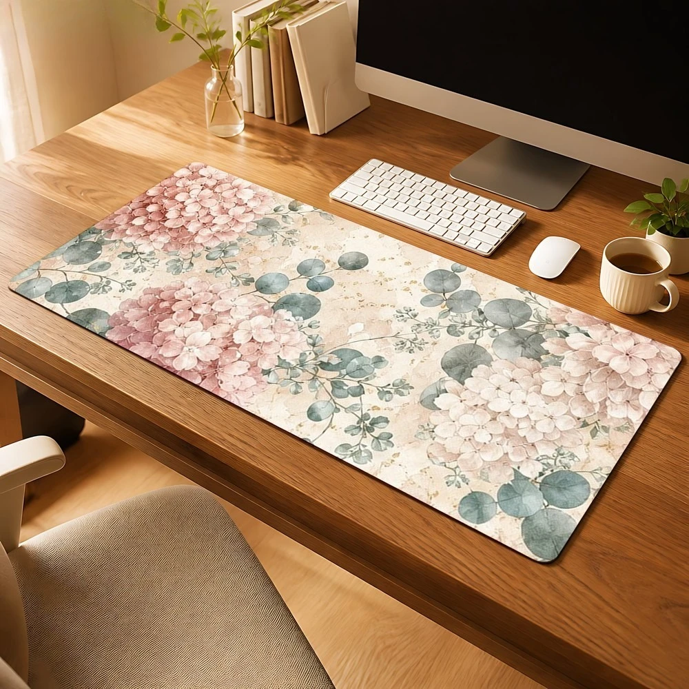 White and pink hydrangea pattern mouse pad with eucalyptus leaf design. Non-slip. Suitable for Desktop decorative accessory